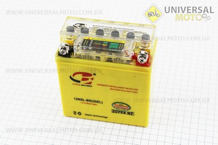 Аккумулятор 5Аh 12N5L-BS (гелевый, желтый) Active 120/60/130мм с ИНДИКАТОРОМ, 2018 (завод OUTDO). B-cycle (Аксессуары / UM3010-V74)