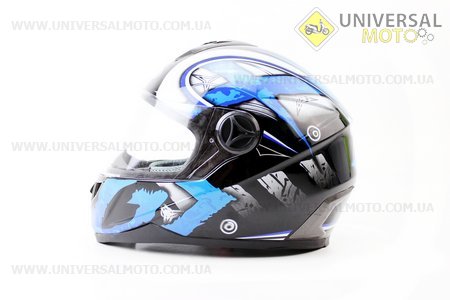 УЦІНКА Шолом інтеграл, закритий HF-122 М, ЧОРНИЙ глянець з синьо-білим малюнком Q100B (незначний дефект на склі). FXW (Шоломи / UM3012-V22)