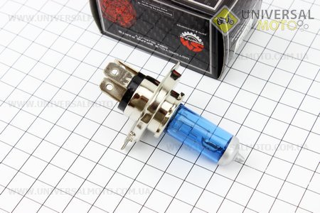 Лампа фары галоген H4 P43T 12V 18/18W синяя, фокус HQ