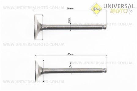 Клапан впускний, випускний комплект ЗБІЛЬШЕНІ (d=20/23мм; L=65/66мм). Китай (Запчастини до 4Т скутера / UM3099-V58)