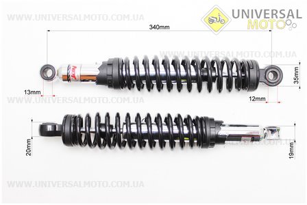Амортизатор задній JH / CB / CG - 340мм * d60мм (під втулки) регульований, Чорний комплект 2шт. NAIDITE (Запчастини для мопеда Дельта / UM3184-V87)
