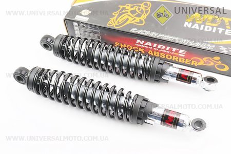Амортизатор задній JH / CB / CG - 340мм * d60мм (під втулки) регульований, Чорний комплект 2шт. NAIDITE (Запчастини для мопеда Дельта / UM3184-V87)