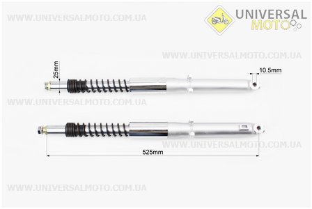 Амортизатор передній лівий, правий комплект L-525мм D-25мм (пружина зовні). TATA (Запчастини для мопеда Дельта / UM3186-V73)