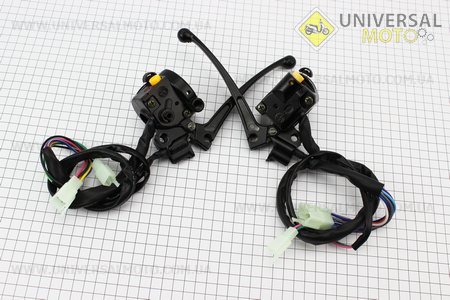 Блок кнопок на кермі лівий, правий комплект із важелями (проводи з "фішками", під дзеркала М8) ALPHA. Китай (Запчастини для мопеда Дельта / UM3190-V75)