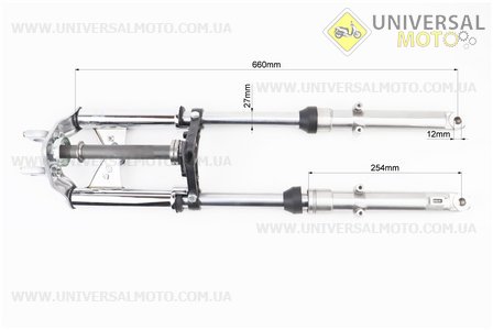 Амортизатор передній (пір'я), лівий, правий. комплект L-660мм; d-27мм + траверс + кріплення фари, тип 2. Китай (Запчастини на скутер Viper Alpha / UM3193-V02)