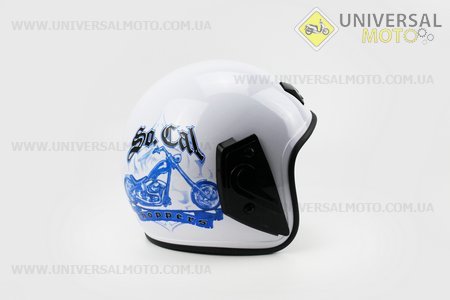 Шлем открытый 207 XS - БЕЛЫЙ с синим рисунком "байк". F-2 (Шлем / UM3300-V95)