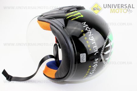 Шлем открытый 207 XS - ЧЕРНЫЙ глянец с рисунком зеленым MONSTER