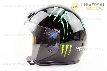 Шлем открытый 207 XS - ЧЕРНЫЙ глянец с рисунком зеленым MONSTER