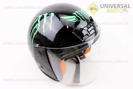 Шлем открытый 207 XS - ЧЕРНЫЙ глянец с рисунком зеленым MONSTER