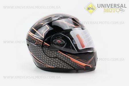 Шлем закрытый с откидным подбородком + очки HF-118 M- Черный с рисунком серо-оранжевым Q62. FXW (Шлем / UM3302-V28)