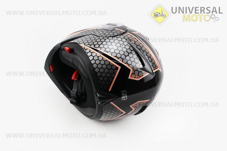 Шлем закрытый с откидным подбородком + очки HF-118 Xдлинной  Черный с рисунком серо-оранжевым Q62. FXW (Шлем / UM3307-V05)