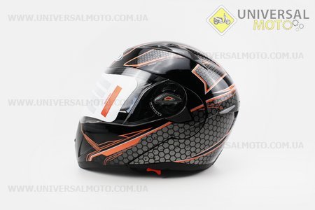 Шлем закрытый с откидным подбородком + очки HF-118 Xдлинной  Черный с рисунком серо-оранжевым Q62. FXW (Шлем / UM3307-V05)