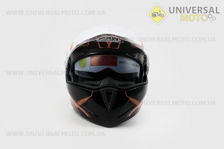 Шлем закрытый с откидным подбородком + очки HF-118 Xдлинной  Черный с рисунком серо-оранжевым Q62. FXW (Шлем / UM3307-V05)