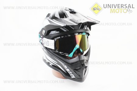 Окуляри кросові/ендуро/АТV, чорно-біло-бірюзові (дзеркальне скло), MJ-16. MOTOVAN (Різне / UM3307-V62)