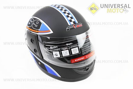 Шолом інтеграл, закритий 825-1 XS, ЧОРНИЙ матовий з синьо-біло-червоним "69" малюнком (можливі подряпини, дефекти фарбування). F-2 (Шоломи / UM3308-V99)