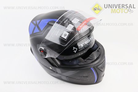 Шолом інтеграл, закритий+окуляри BLD-М61 S (55-56см), ЧОРНИЙ матовий з синьо-сірим малюнком. BLD (Шоломи / UM3309-V37)