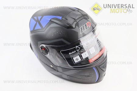 Шолом інтеграл, закритий+окуляри BLD-М61 S (55-56см), ЧОРНИЙ матовий з синьо-сірим малюнком. BLD (Шоломи / UM3309-V37)