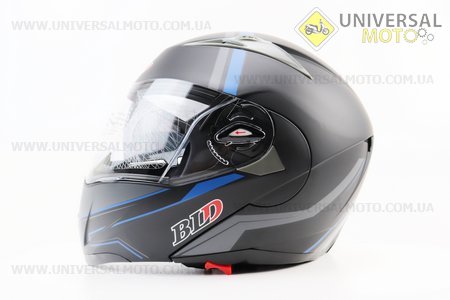 Шолом модуляр, закритий з відкидним підборіддям+відкидні окуляри BLD-158 S (55-56см), ЧОРНИЙ матовий з синьо-сірим малюнком. BLD (Шоломи / UM3309-V40)