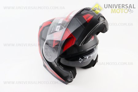 Шолом модуляр, закритий з відкидним підборіддям+відкидні окуляри BLD-162 S (55-56см), ЧОРНИЙ матовий з червоно-сірим малюнком. BLD (Шоломи / UM3309-V44)