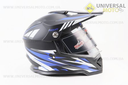 Шолом кросовий/ендуро/АТV зі склом (сертифікації DOT/ECE) SCO-819-7 S (55-56см), ЧОРНИЙ матовий з синьо-біло-сірим малюнком. Scorpion (Шоломи / UM3309-V47)
