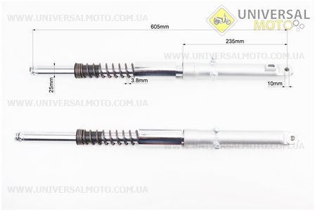 Амортизатор передній лівий, правий комплект L-605мм D-25мм (пружина зовні). Китай (Запчастини для мопеда Дельта / UM3384-V47)