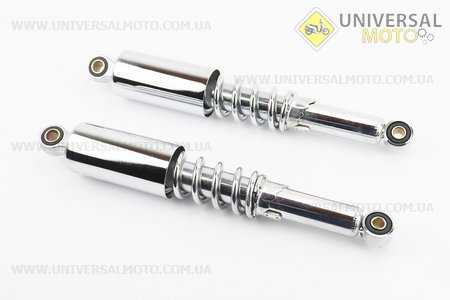 Амортизатор задній JH/CB/CG - 340мм*d55мм (втулка 12мм / втулка 10мм) зі стаканом регульований, хром комплект 2шт. Китай (Запчастини для мопеда Дельта / UM3385-V55)