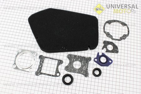 Сальники двигуна 2 штуки, прокладки 6 штук, фільтр (поролон) повітряний комплект Honda DIO AF34 (20x31x7; 15,5x25,5x7). Украина (Запчастини на скутер Honda AF34 / UM3477-V40)