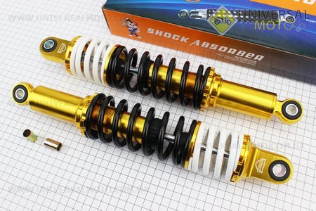 Амортизатор задній JH / CB / CG - 335мм * d60мм (втулка 12мм / втулка 10мм) з подвійною пружиною регульований, чорний (корпус жовтий) комплект 2 штуки. JWBP (Запчастини для мопеда Дельта / UM3511-V12)