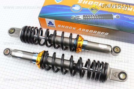 Амортизатор задній JH / CB / CG - 345мм * d60мм (втулка 12мм / втулка 10мм) регульований, чорний комплект 2 штуки. JWBP (Запчастини для мопеда Дельта / UM3511-V13)