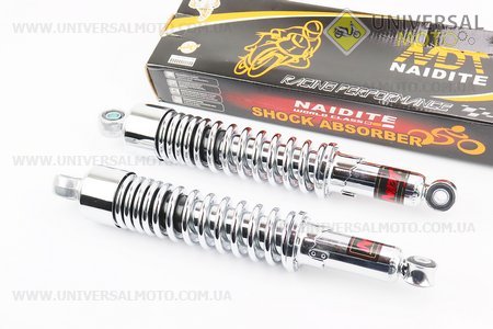 Амортизатор задній JH / CB / CG - 340мм * d55мм (втулка 12мм / втулка 10мм) регульований, Хром. комплект 2шт. NAIDITE (Запчастини для мопеда Дельта / UM3511-V51)