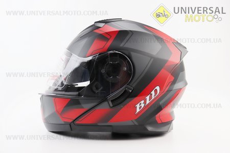 Шолом модуляр, закритий з відкидним підборіддям+відкидні окуляри BLD-162 М (57-58см), ЧОРНИЙ матовий з червоно-сірим малюнком. BLD (Шоломи / UM3600-V37)