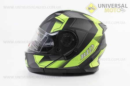 Шолом модуляр, закритий з відкидним підборіддям+відкидні окуляри BLD-162 М (57-58см), ЧОРНИЙ матовий з салатово-сірим малюнком. BLD (Шоломи / UM3600-V38)