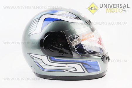 Шолом закритий HK-221 - сірий з синьо-білим малюнком + комір (можливі подряпини, дефекти фарбування). HTK (Шоломи / UM3601-V51)