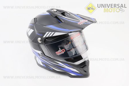 Шолом кросовий/ендуро/АТV зі склом (сертифікації DOT / ECE) SCO-819-7 M-чорний матовий з синьо-біло-сірим малюнком. SCORPION (Шоломи / UM3601-V82)