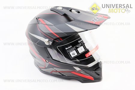 Шолом кросовий/ендуро/АТV зі склом BLD-819-7 S (55-56см), ЧОРНИЙ матовий з червоно-сірим малюнком. BLD (Шоломи / UM3601-V92)