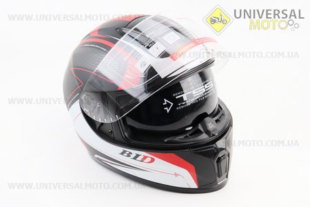 Шолом інтеграл, закритий (сертифікація DOT)+відкидні окуляри BLD-М66 S (55-56см), ЧОРНИЙ матовий з червоно-білим малюнком. BLD (Шоломи / UM3602-V11)