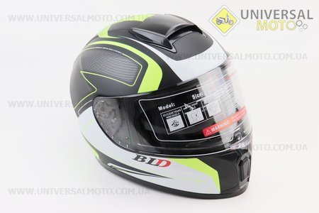 Шолом інтеграл, закритий (сертифікація DOT)+відкидні окуляри BLD-М66 М (57-58см), ЧОРНИЙ матовий з салатово-білим малюнком. BLD (Шоломи / UM3602-V20)