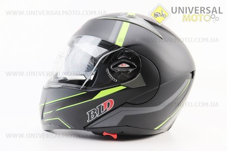 Шолом модуляр, закритий з відкидним підборіддям+відкидні окуляри BLD-158 S (55-56см), ЧОРНИЙ матовий з салатово-сірим малюнком. BLD (Шоломи / UM3602-V51)