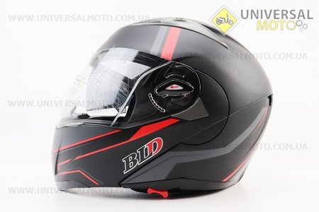 Шолом модуляр, закритий з відкидним підборіддям+відкидні окуляри BLD-158 М (57-58см), ЧОРНИЙ матовий з червоно-сірим малюнком. BLD (Шоломи / UM3602-V55)