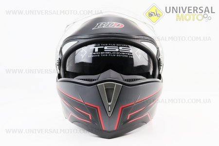 Шолом модуляр, закритий з відкидним підборіддям+відкидні окуляри BLD-158 М (57-58см), ЧОРНИЙ матовий з червоно-сірим малюнком. BLD (Шоломи / UM3602-V55)
