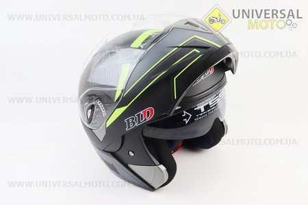 Шолом модуляр, закритий з відкидним підборіддям+відкидні окуляри BLD-158 М (57-58см), ЧОРНИЙ матовий з салатово-сірим малюнком. BLD (Шоломи / UM3602-V56)