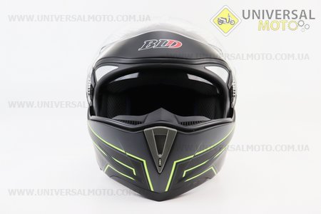 Шолом модуляр, закритий з відкидним підборіддям+відкидні окуляри BLD-158 М (57-58см), ЧОРНИЙ матовий з салатово-сірим малюнком. BLD (Шоломи / UM3602-V56)