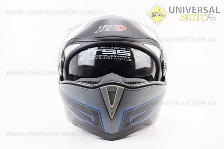 Шолом модуляр, закритий з відкидним підборіддям+відкидні окуляри BLD-158 М (57-58см), ЧОРНИЙ матовий з синьо-сірим малюнком. BLD (Шоломи / UM3602-V57)