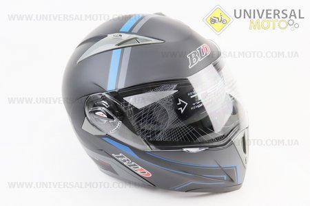 Шолом модуляр, закритий з відкидним підборіддям+відкидні окуляри BLD-158 М (57-58см), ЧОРНИЙ матовий з синьо-сірим малюнком. BLD (Шоломи / UM3602-V57)