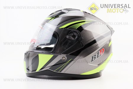 Шолом інтеграл, закритий (сертифікація DOT)+відкидні окуляри BLD-M67 S (55-56см), СІРИЙ глянець з салатово-чорним малюнком. BLD (Шоломи / UM3602-V78)