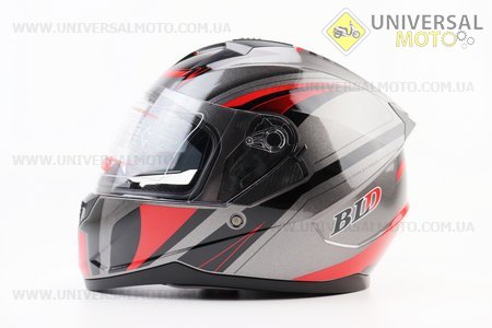 Шолом інтеграл, закритий (сертифікація DOT)+відкидні окуляри BLD-M67 М (57-58см), СІРИЙ глянець з червоно-чорним малюнком. BLD (Шоломи / UM3602-V85)
