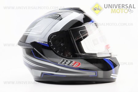 УЦІНКА Шолом інтеграл, закритий BLD-M63 М (57-58см), ЧОРНИЙ глянець з синьо-біло-сірим малюнком (подряпини, див. фото). BLD (Шоломи / UM3603-V03)