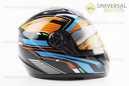 Шолом інтеграл, закритий HF-111 M, ЧОРНИЙ глянець з оранжево-синім малюнком Q249 (можливі потертості). FXW (Шоломи / UM3603-V10)