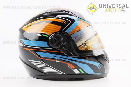Шолом інтеграл, закритий HF-111 L, ЧОРНИЙ глянець з оранжево-синім малюнком Q249 (можливі потертості). FXW (Шоломи / UM3603-V11)