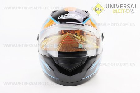 Шолом інтеграл, закритий HF-111 L, ЧОРНИЙ глянець з оранжево-синім малюнком Q249 (можливі потертості). FXW (Шоломи / UM3603-V11)